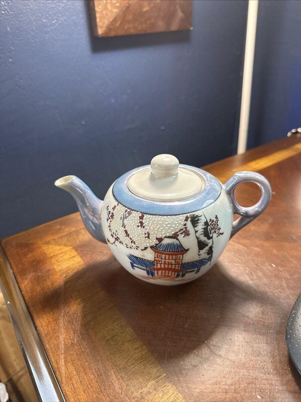 Vintage Lustreware Teapot Handpainted Red Blue White Motif Made in Japan